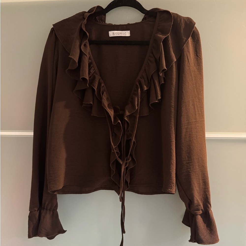 Brown Ruffle Tie-Front Women's Top